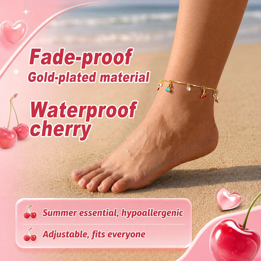 FLORIDECO Women's Adjustable Y2K Colorful Cherry Anklet - Dainty Gold Costume Jewelry for Summer Beach Wear