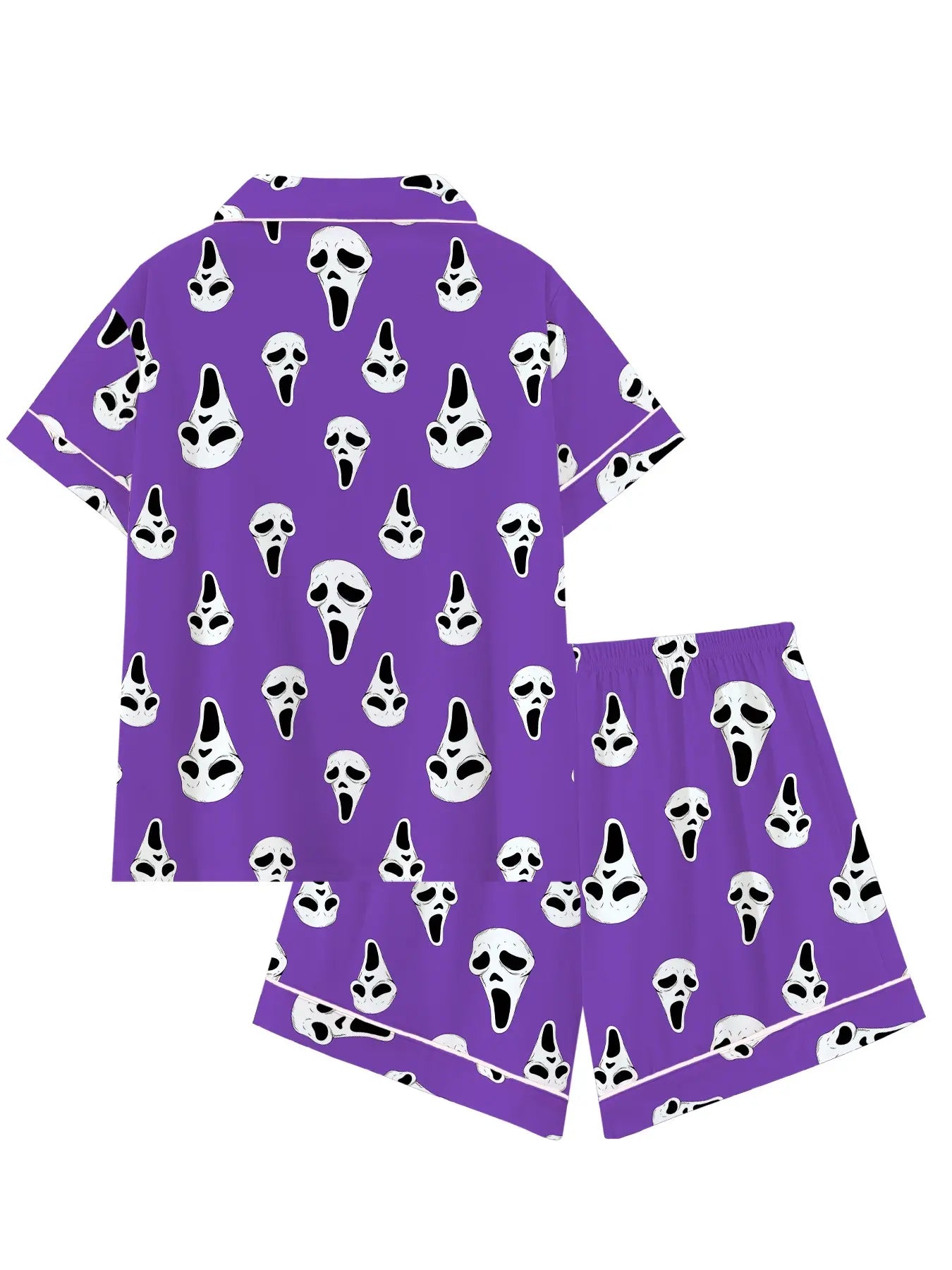 Y2K-Inspired Horror Mask Pajama Set, Ghost Print Sleepwear, Soft Short Sleeve Button-Up Home Attire, Fun Halloween 2-Piece Ensemble, Dark Aesthetic