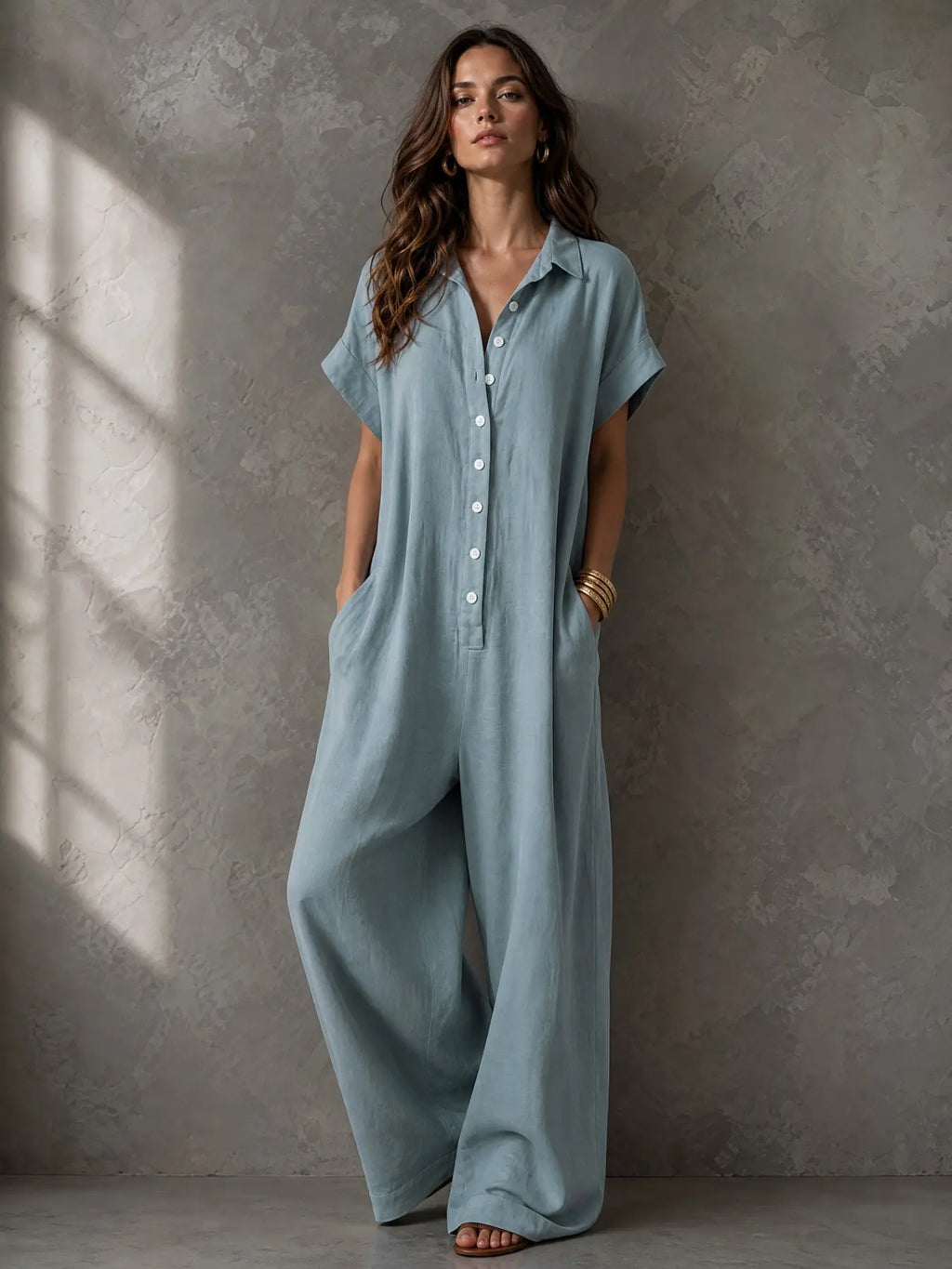 Women's Casual Loose-Fitting Button-Up Jumpsuit with Short Sleeves and Wide Leg Design for Summer