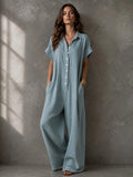 Women's Casual Loose-Fitting Button-Up Jumpsuit with Short Sleeves and Wide Leg Design for Summer