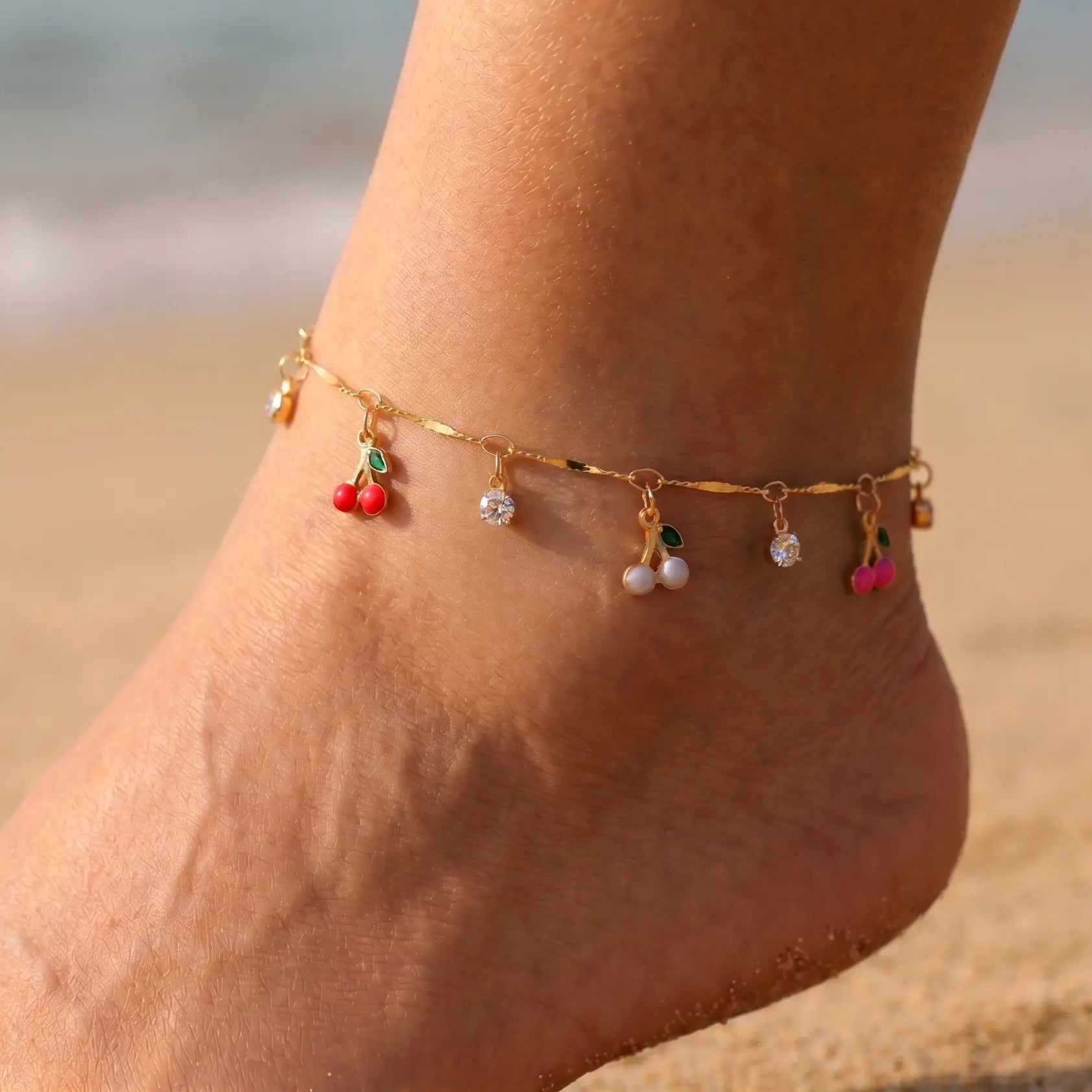 FLORIDECO Women's Adjustable Y2K Colorful Cherry Anklet - Dainty Gold Costume Jewelry for Summer Beach Wear