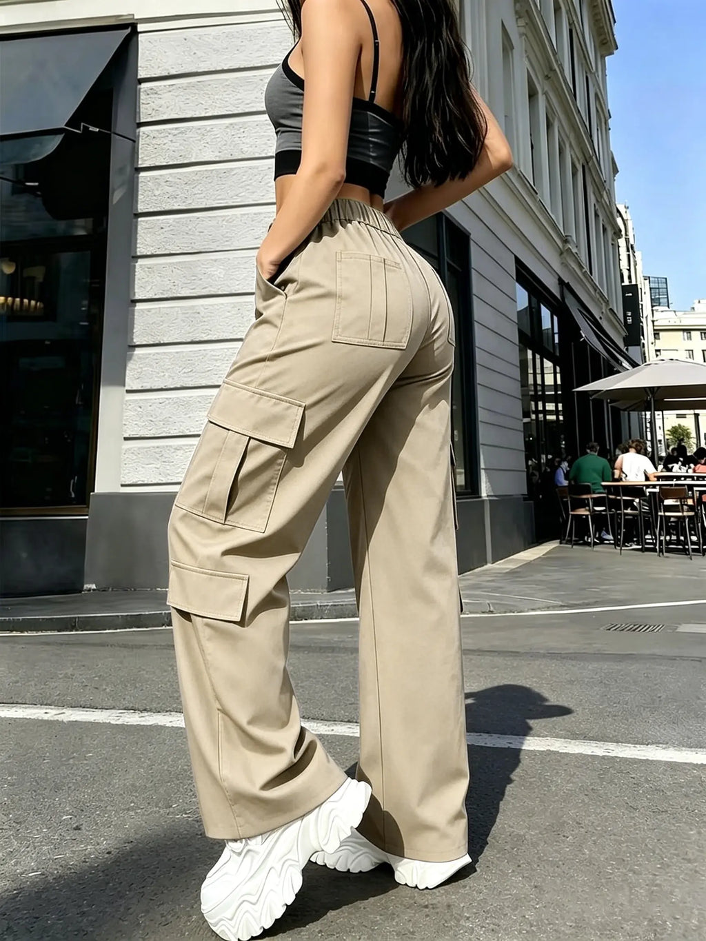 Women's Mid-Rise Cargo Straight-Leg Pants with Elastic Waistband and Large Side Pockets, Versatile Drapey Fabric for Casual Summer Style