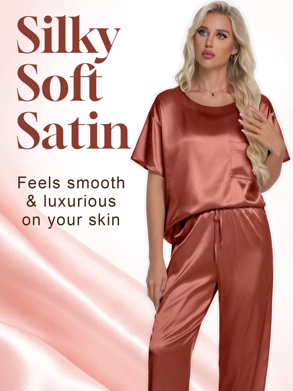 Women's Silk Satin Two-Piece Pajama Set: Short Sleeve Shirt and Long Pants, Soft Sleepwear Loungewear, Available in Caramel and Sizes S-XXL