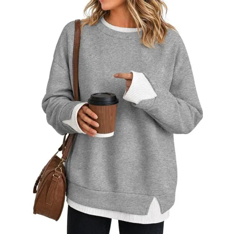 Fisoew Women's Oversized Layered Sweatshirt with Crew Neck and Ribbed Cuffs, Casual Drop Shoulder Pullover Hoodie