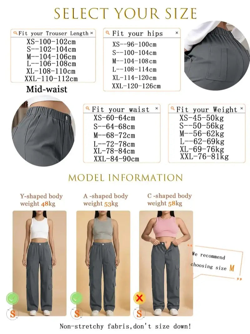 Women's Mid-Rise Cargo Straight-Leg Pants with Elastic Waistband and Large Side Pockets, Versatile Drapey Fabric for Casual Summer Style