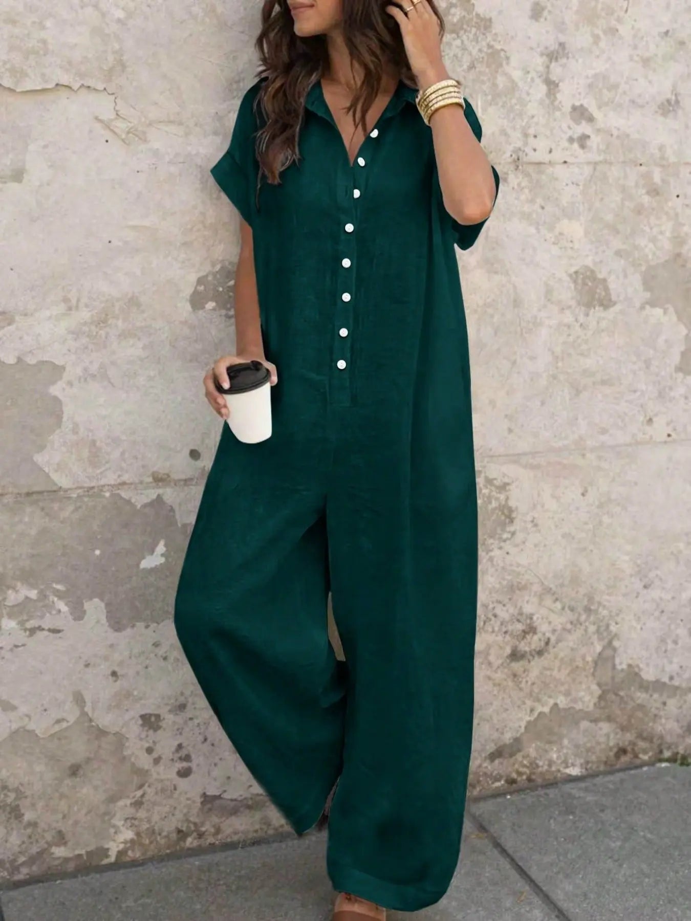 Women's Casual Loose-Fitting Button-Up Jumpsuit with Short Sleeves and Wide Leg Design for Summer