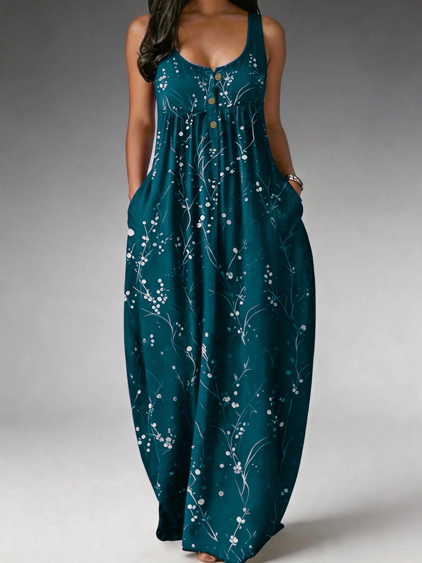 Elegant Plus Size Women's Sleeveless Long Dress with Tree Print - Loose Fit, Fashionable European and American Style