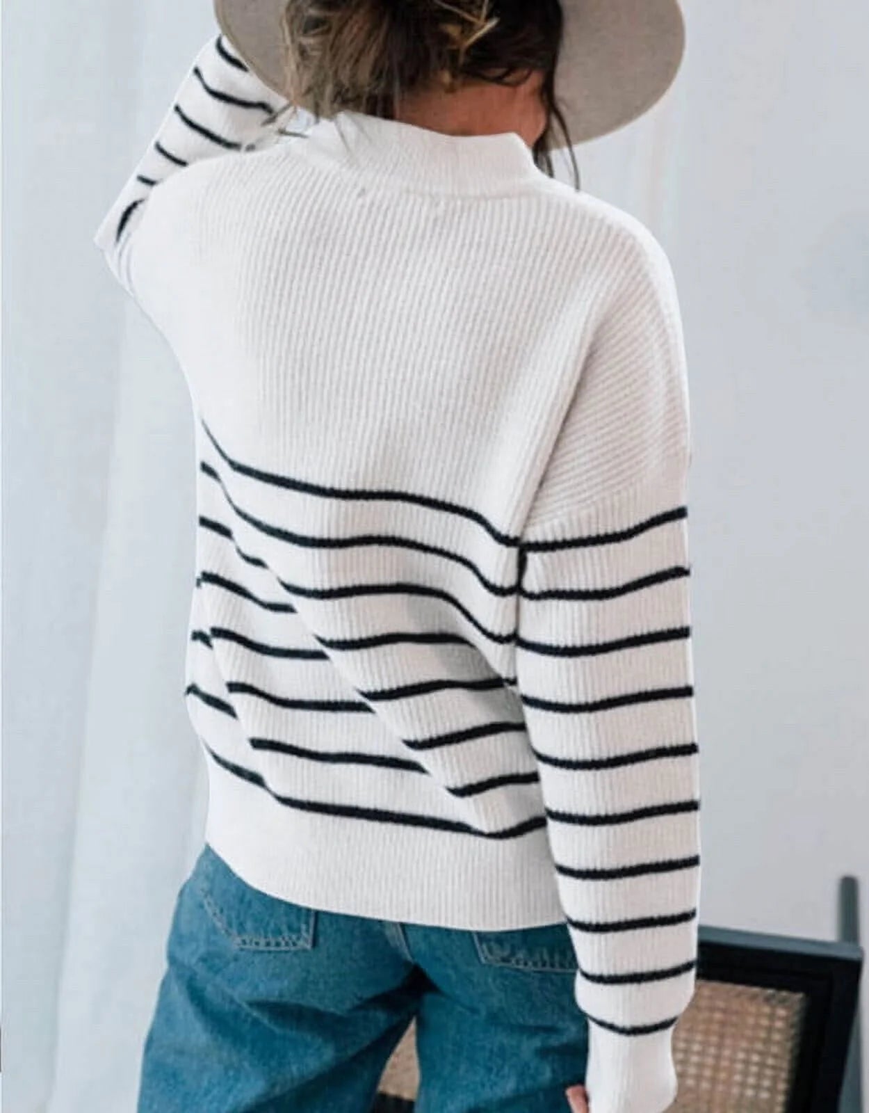 Women's Quarter Zip Striped Knitted Pullover Sweaters