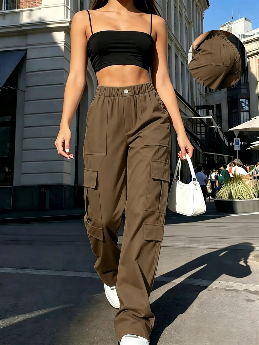Women's Mid-Rise Cargo Straight-Leg Pants with Elastic Waistband and Large Side Pockets, Versatile Drapey Fabric for Casual Summer Style