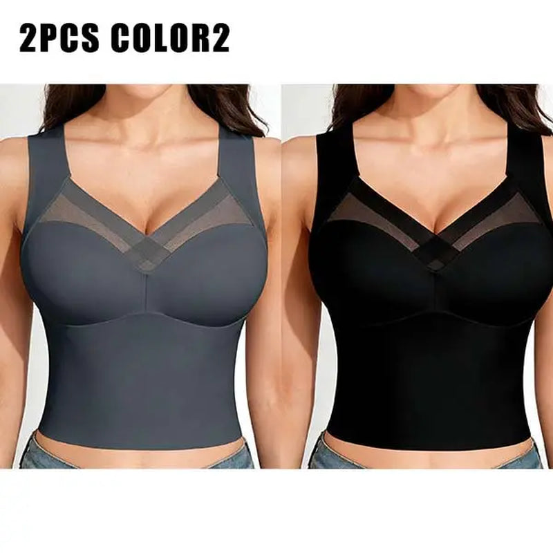 Esselegance Women's Luxury Seamless Longline Bra - Sophisticated Mesh Plunge V-Neck Wirefree Bralette - Premium Smoothing Shapewear Crop Top with Built-In Support - Elegant Wide Strap Push-Up Everyday Camisole - Invisible High-End Essentials