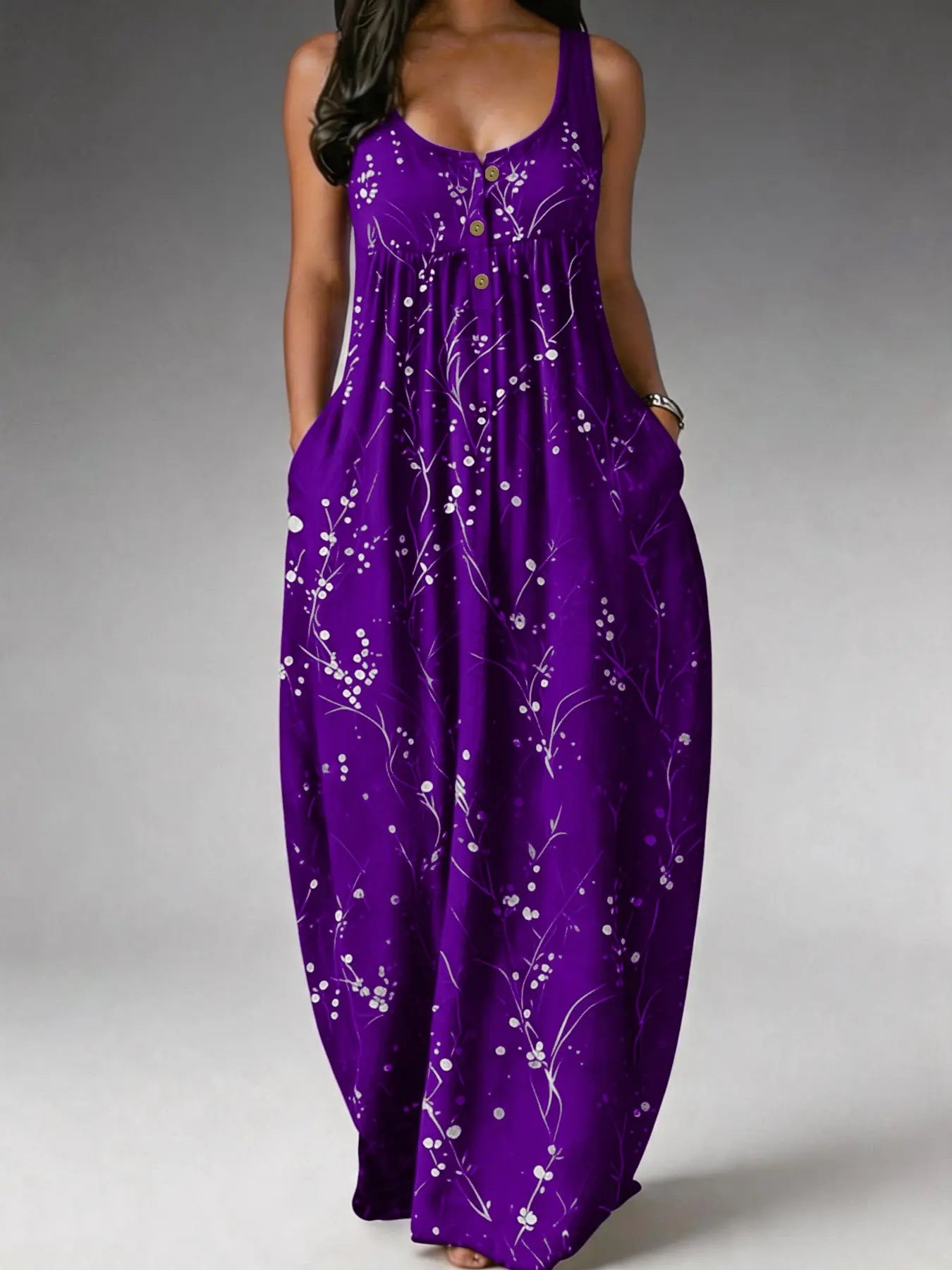 Elegant Plus Size Women's Sleeveless Long Dress with Tree Print - Loose Fit, Fashionable European and American Style