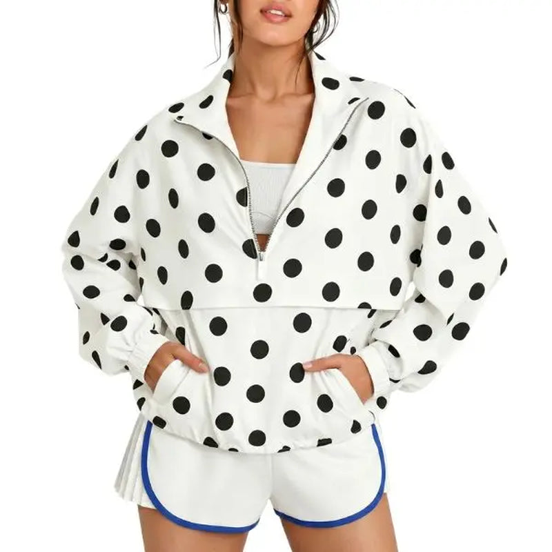 Fisoew Women's Oversized Polka Dot Half-Zip Pullover Jacket - Lightweight Windbreaker Sweatshirt for Casual Fall Streetwear