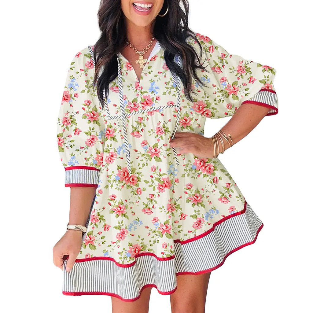 Mntaor Women's Casual Apricot Striped Edge 3/4 Puff Sleeve Floral V-Neck Tiered Babydoll Mini Dress - Ideal for Summer Beach Parties, Vacations, and Brunches