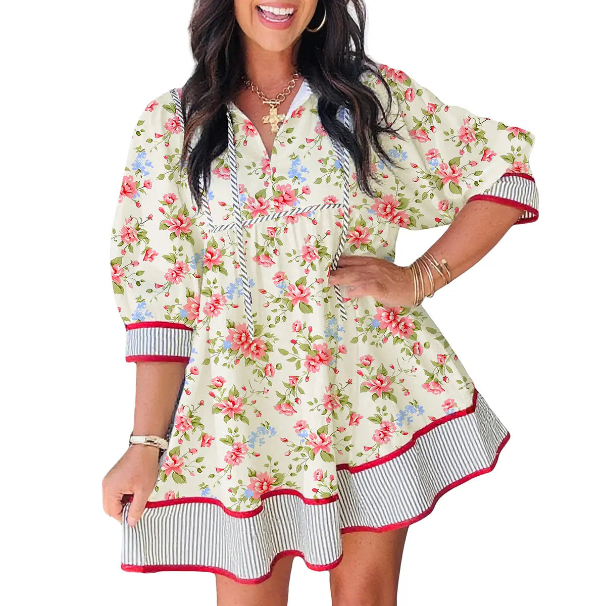 Mntaor Women's Casual Apricot Striped Edge 3/4 Puff Sleeve Floral V-Neck Tiered Babydoll Mini Dress - Ideal for Summer Beach Parties, Vacations, and Brunches