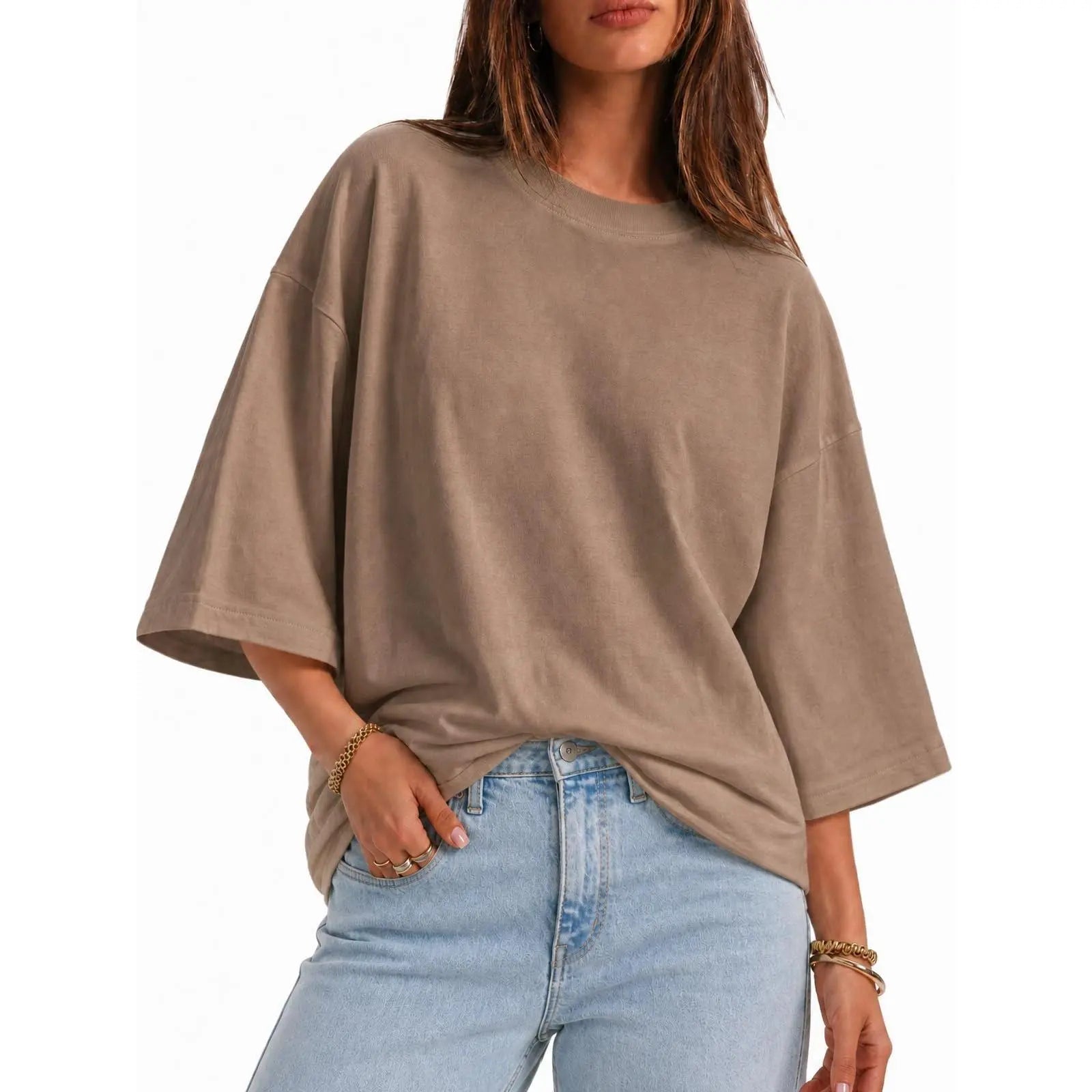 Flowyair Women's Oversized Casual T-Shirt with 3/4 Sleeves - Summer Boxy Loose Fit Crew Neck Basic Top
