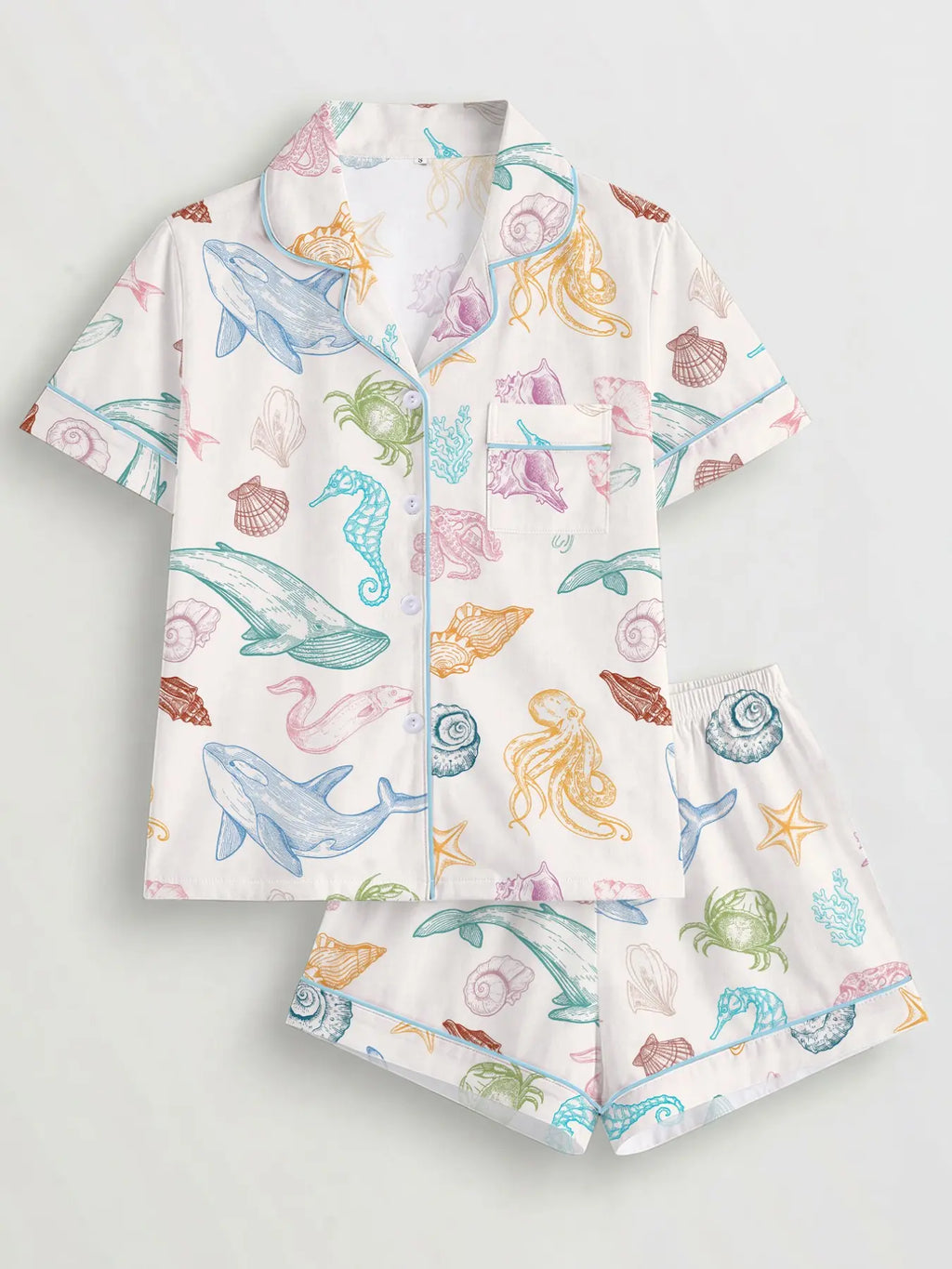 Women's Ocean-Themed Pajama Set: Short Sleeve Button-Up Shirt and Elastic Waist Shorts, Comfortable Casual Sleepwear for Year-Round Wear