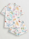 Women's Ocean-Themed Pajama Set: Short Sleeve Button-Up Shirt and Elastic Waist Shorts, Comfortable Casual Sleepwear for Year-Round Wear