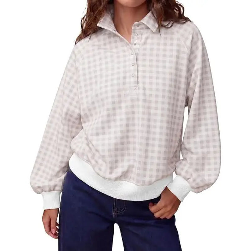 FISOEW Women'S Preppy Style Gingham Sweatshirt, Oversized Long Sleeve Fleece Pullover with Quarter-Zip Stand Collar and Ribbed Hem