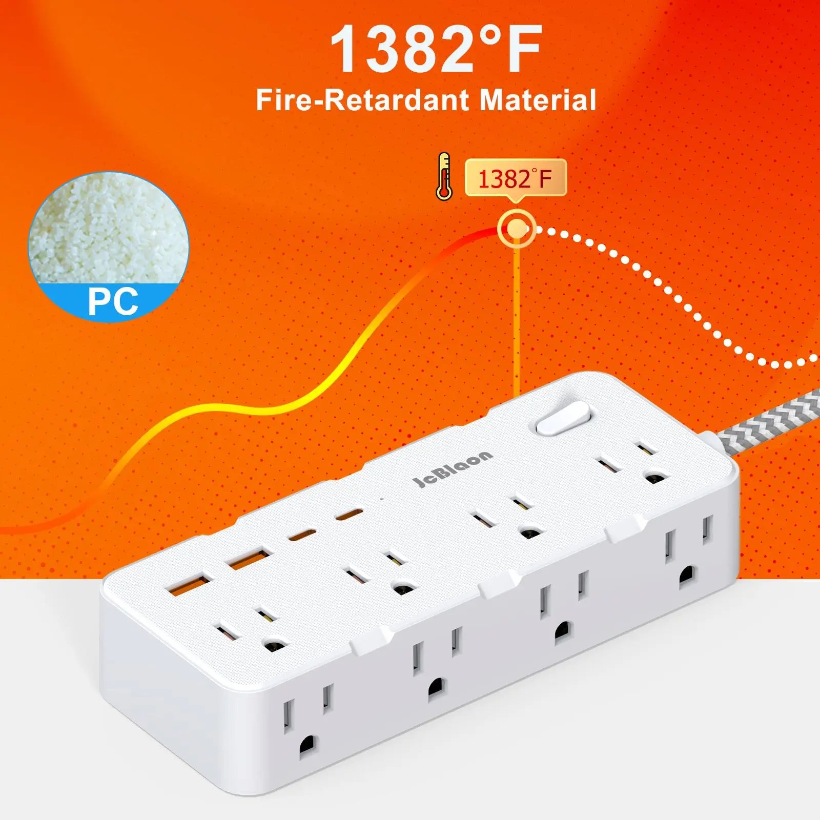 Surge Protector Power Strip with Flat Plug, 8 Outlets and 4 USB Ports (2 USB-C), 45° Ultra Thin Design, 5FT Cord, Wall Mountable for Office, Travel, and Dorm Use