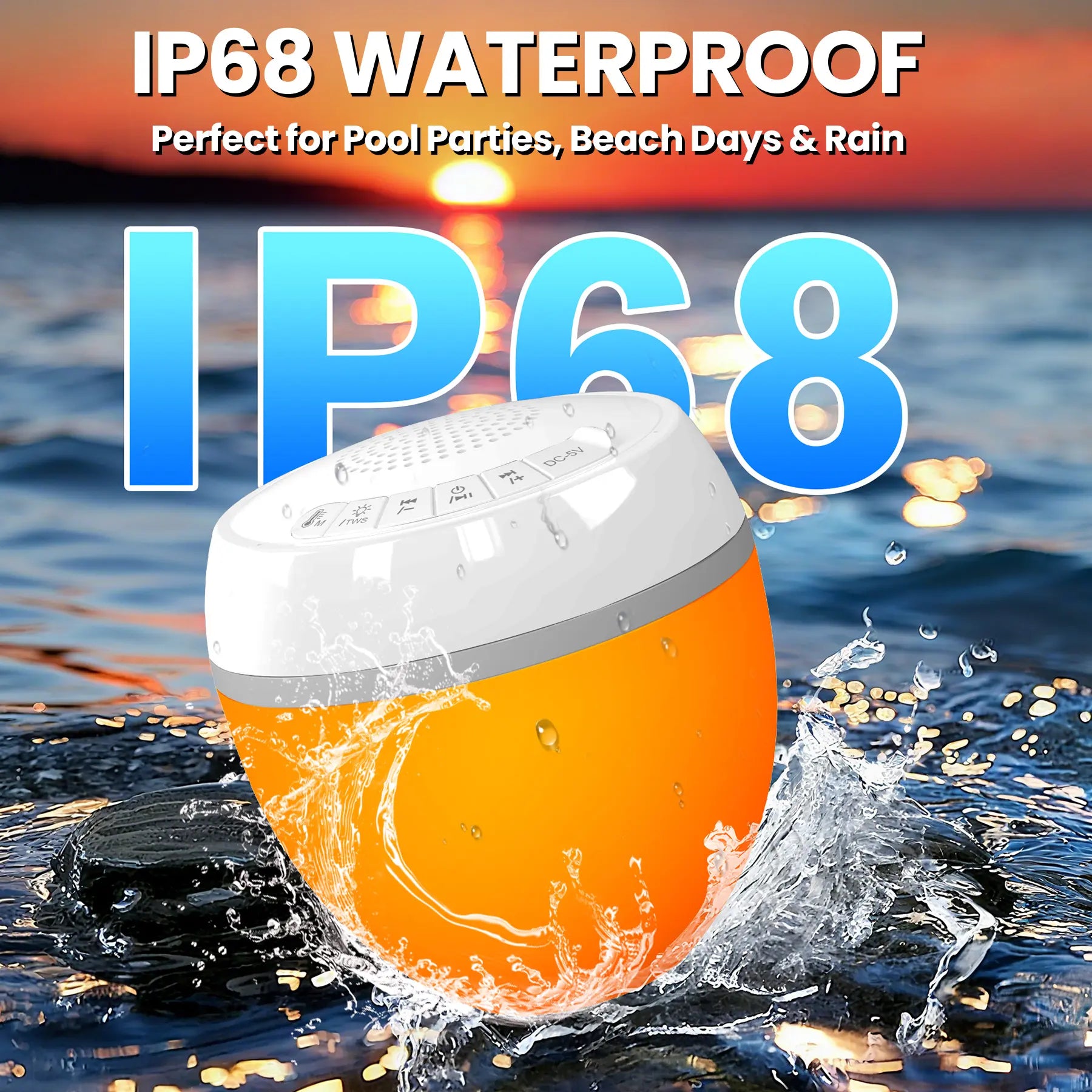3-in-1 Floating Pool Speaker with Digital Water Thermometer, IP68 Waterproof TWS Technology, and Color LED Lights for Pool, Hot Tub, and Spa - White