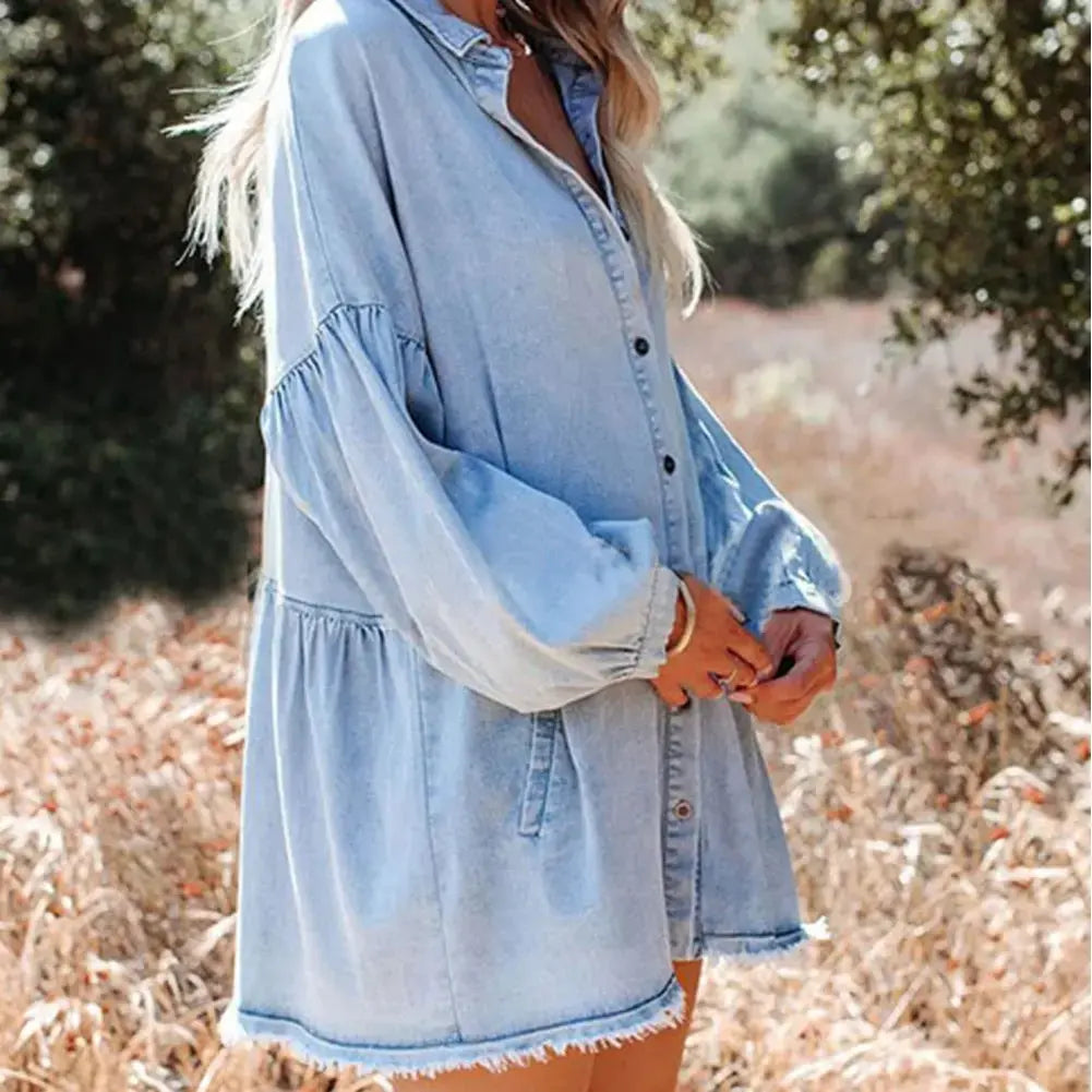 Ebossy Women's Oversized Distressed Denim Button-Down Tunic Dress with Pockets