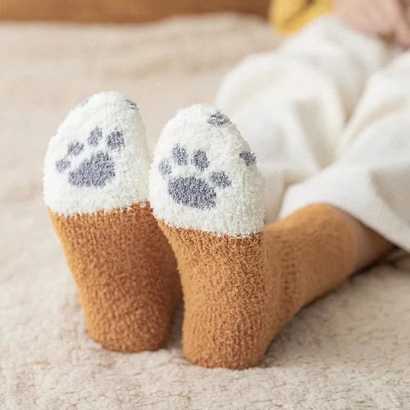 Women's Plush Cotton Socks with Cute Animal Paw Cartoon Design for Comfortable Home and Sleep Wear