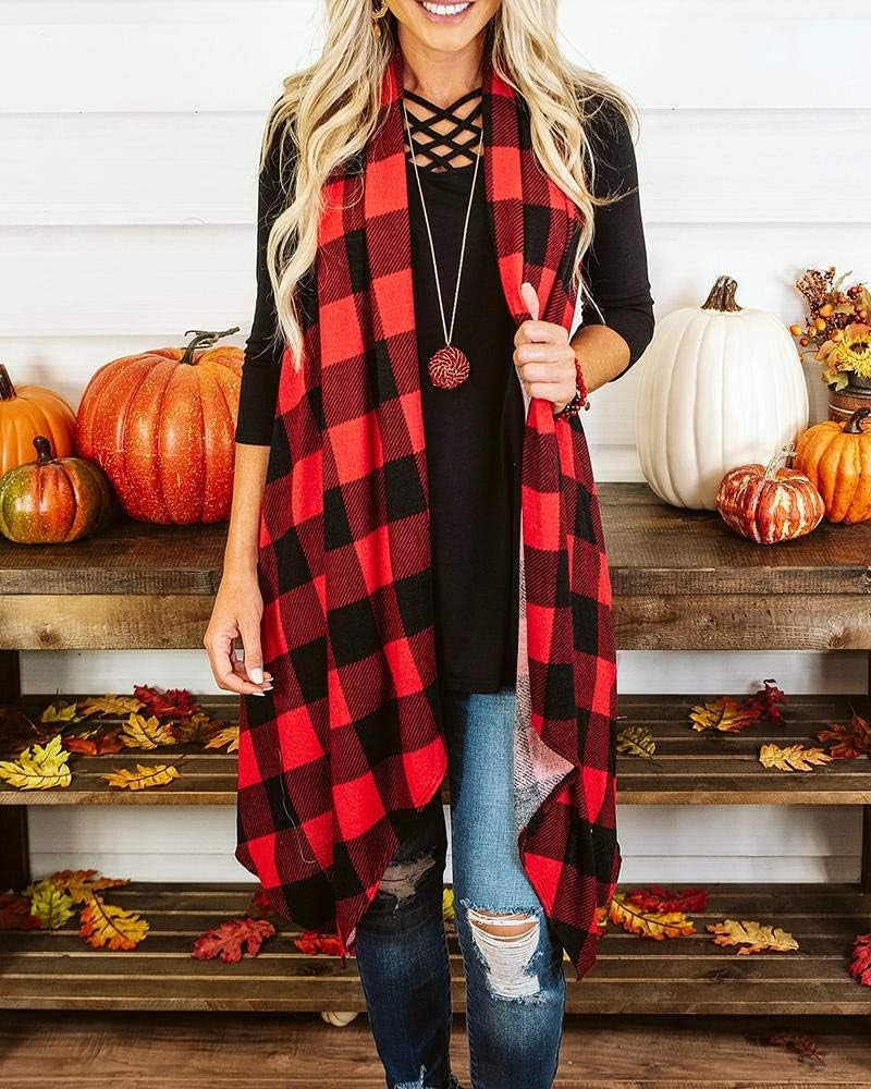 Women's Lightweight Plaid Duster Cardigan Vest with Sleeveless Design and Pockets