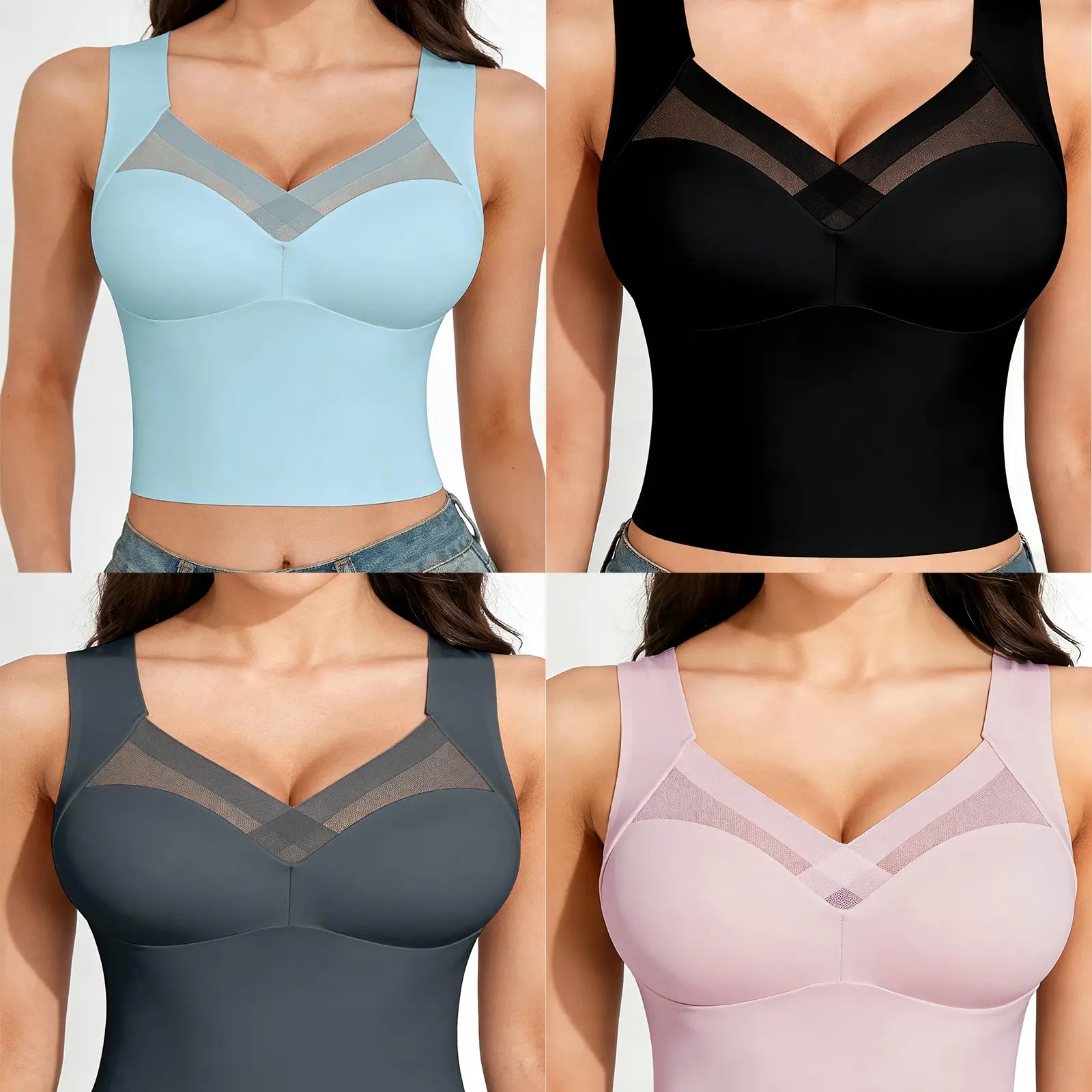 Esselegance Women's Luxury Seamless Longline Bra - Sophisticated Mesh Plunge V-Neck Wirefree Bralette - Premium Smoothing Shapewear Crop Top with Built-In Support - Elegant Wide Strap Push-Up Everyday Camisole - Invisible High-End Essentials