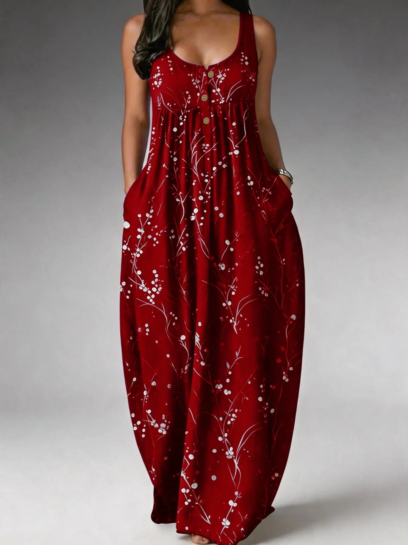 Elegant Plus Size Women's Sleeveless Long Dress with Tree Print - Loose Fit, Fashionable European and American Style