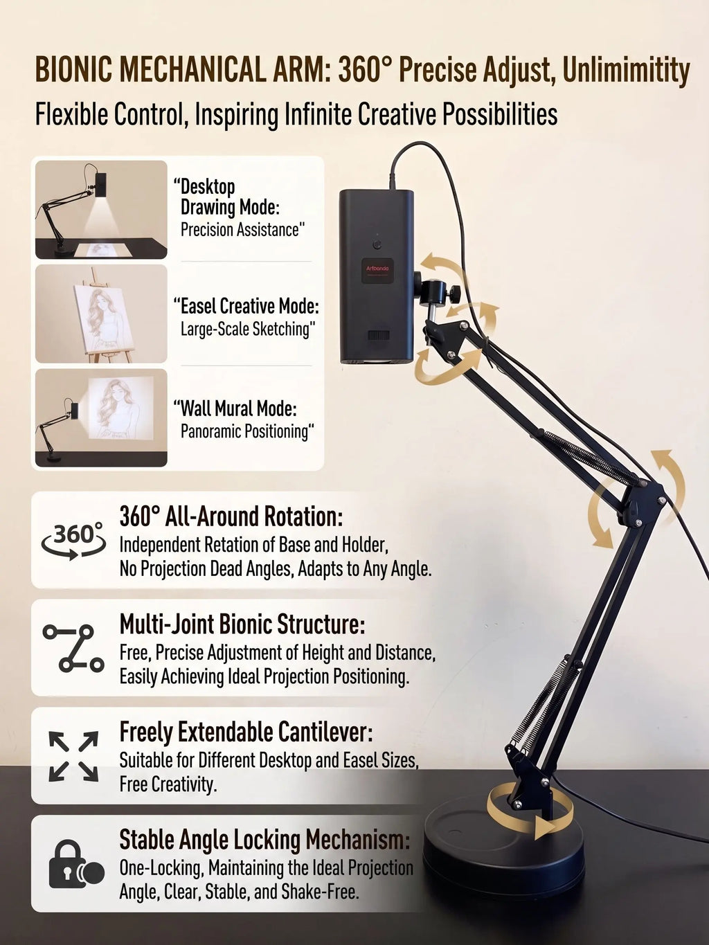 Art Tracing Projector with 360° Adjustable Arm - User-Friendly Digital Drawing Tool for Sketching, Painting, Wall Murals, and Cookie Decoration