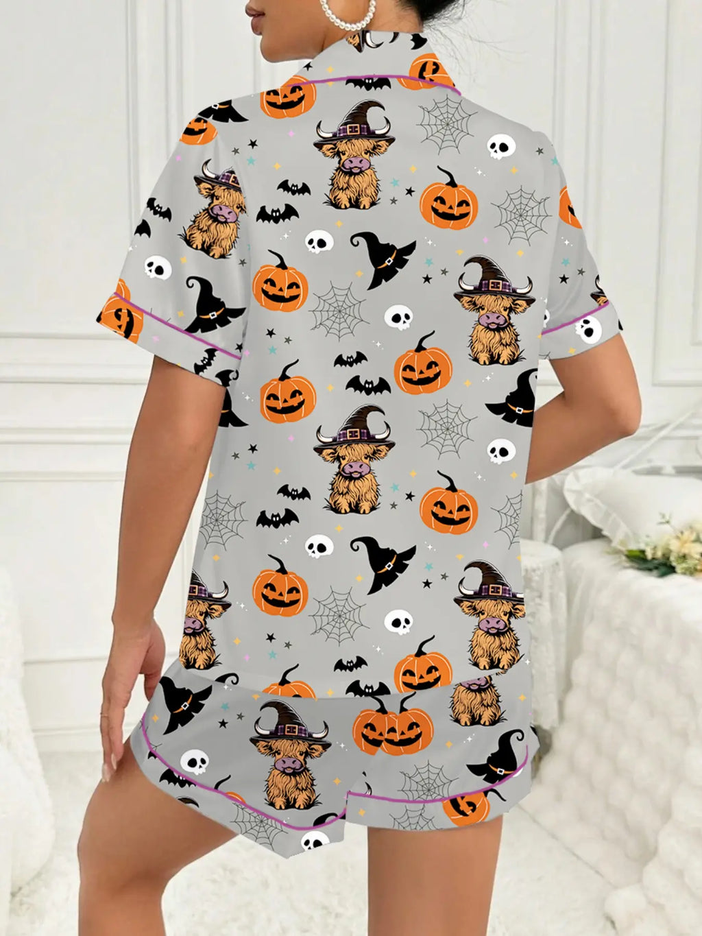 Women'S Halloween Party Pajama Set, Cute Animal Print Short Sleeve Shirt & Elastic Waist Shorts, Comfortable Casual Home Wear
