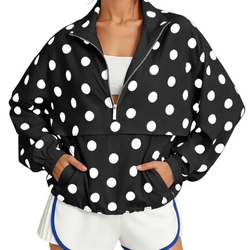 Fisoew Women's Oversized Polka Dot Half-Zip Pullover Jacket - Lightweight Windbreaker Sweatshirt for Casual Fall Streetwear