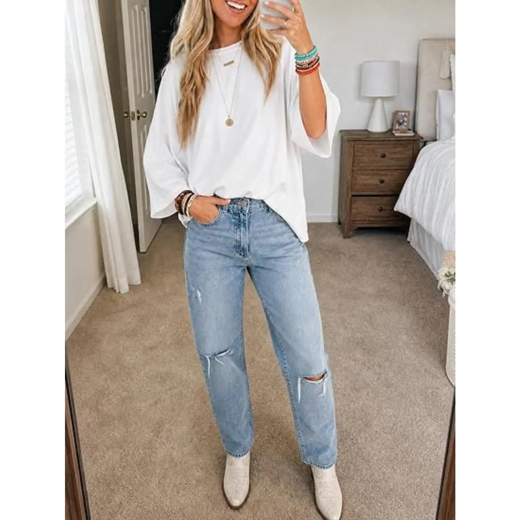 Flowyair Women's Oversized Casual T-Shirt with 3/4 Sleeves - Summer Boxy Loose Fit Crew Neck Basic Top