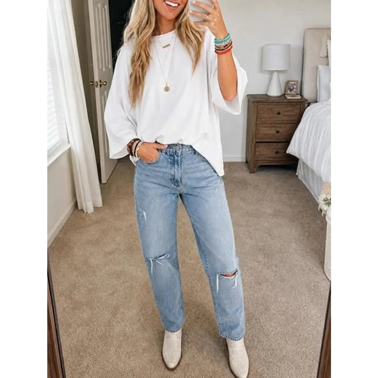 Flowyair Women's Oversized Casual T-Shirt with 3/4 Sleeves - Summer Boxy Loose Fit Crew Neck Basic Top