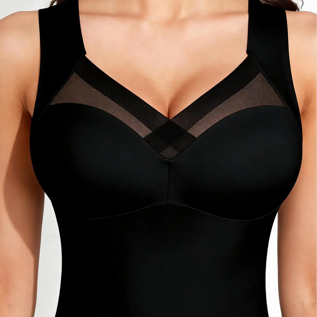 Esselegance Women's Luxury Seamless Longline Bra - Sophisticated Mesh Plunge V-Neck Wirefree Bralette - Premium Smoothing Shapewear Crop Top with Built-In Support - Elegant Wide Strap Push-Up Everyday Camisole - Invisible High-End Essentials