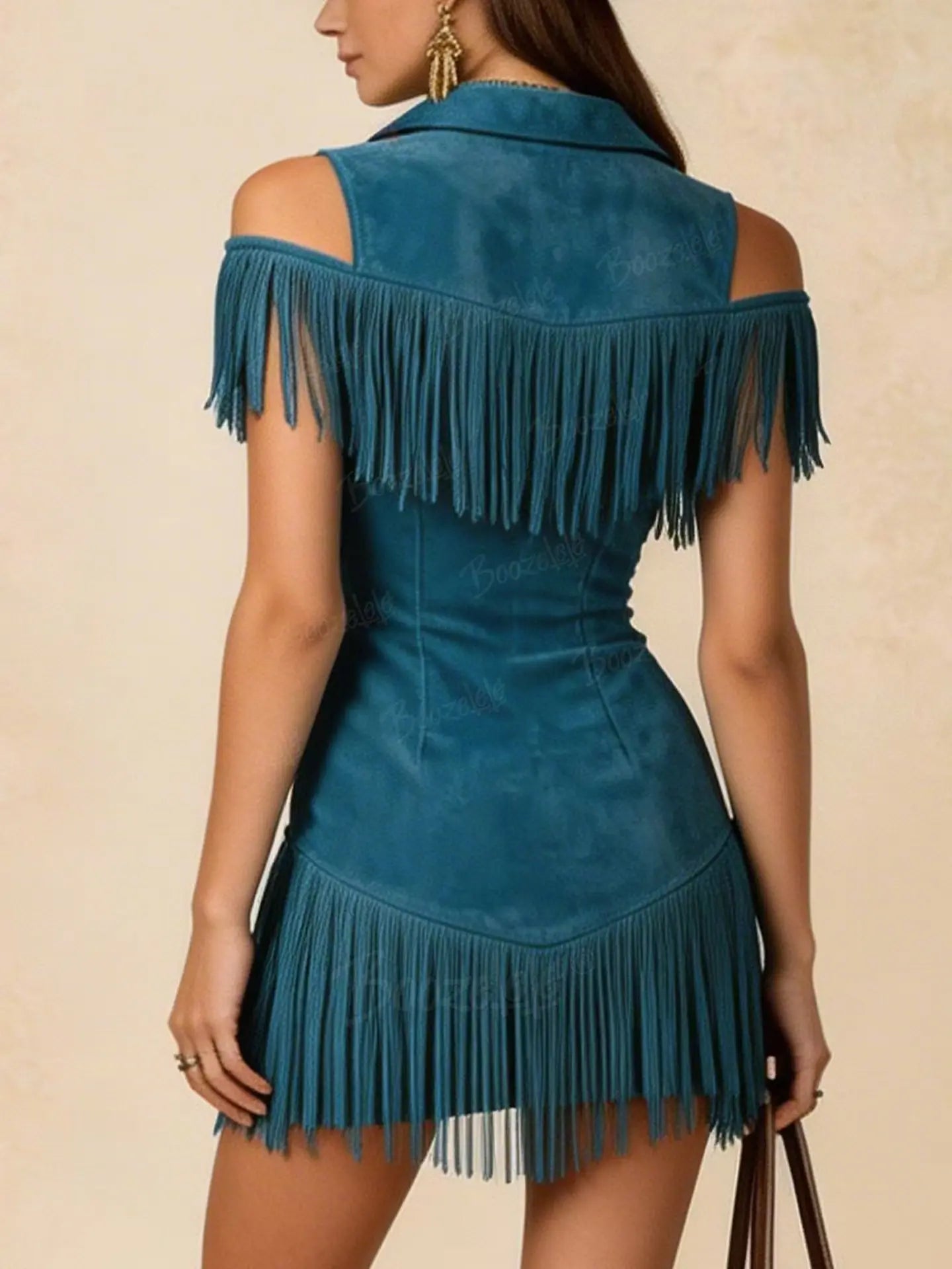 Women's Western-Inspired Lapel Zipper Tassel Slim-Fit Casual Mini Dress