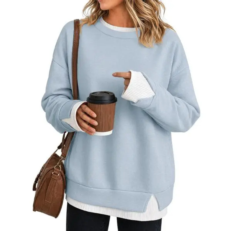 Fisoew Women's Oversized Layered Sweatshirt with Crew Neck and Ribbed Cuffs, Casual Drop Shoulder Pullover Hoodie