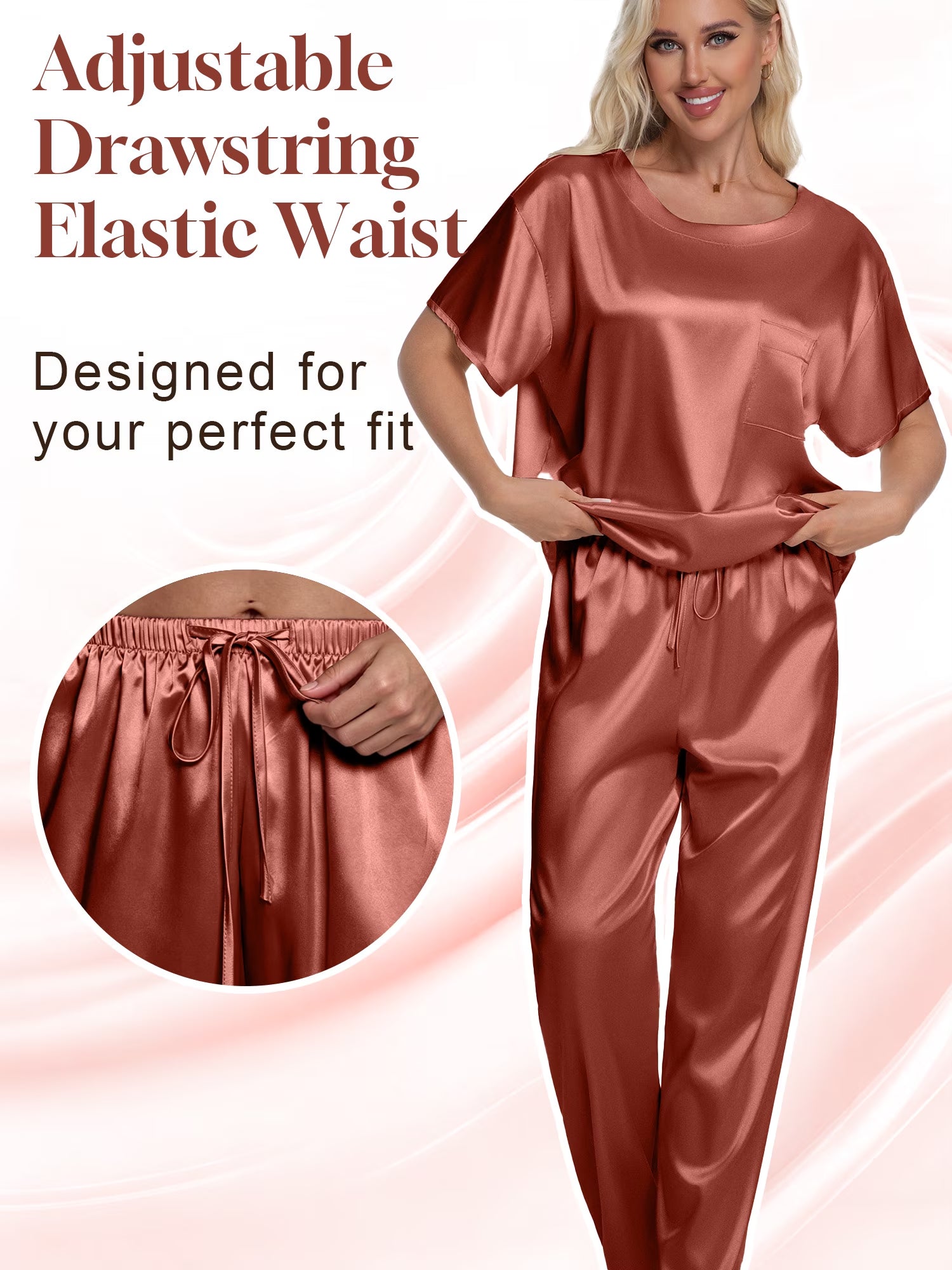 Women's Silk Satin Two-Piece Pajama Set: Short Sleeve Shirt and Long Pants, Soft Sleepwear Loungewear, Available in Caramel and Sizes S-XXL