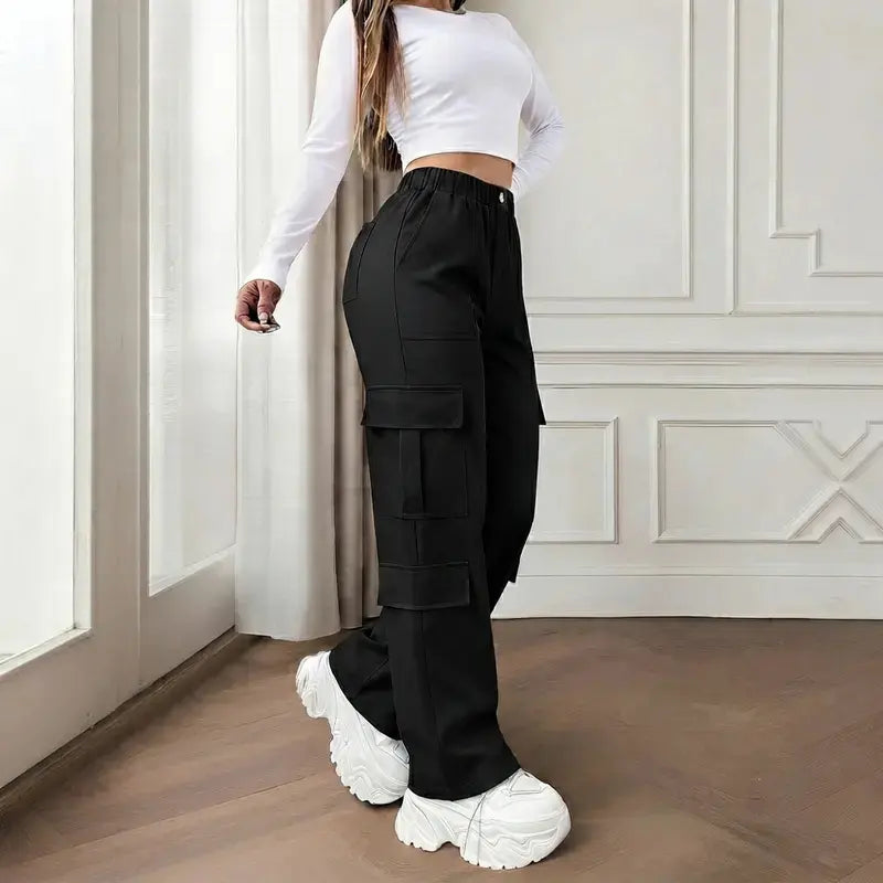 Women's Mid-Rise Cargo Straight-Leg Pants with Elastic Waistband and Large Side Pockets, Versatile Drapey Fabric for Casual Summer Style