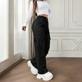 Women's Mid-Rise Cargo Straight-Leg Pants with Elastic Waistband and Large Side Pockets, Versatile Drapey Fabric for Casual Summer Style