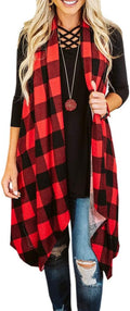 Women's Lightweight Plaid Duster Cardigan Vest with Sleeveless Design and Pockets