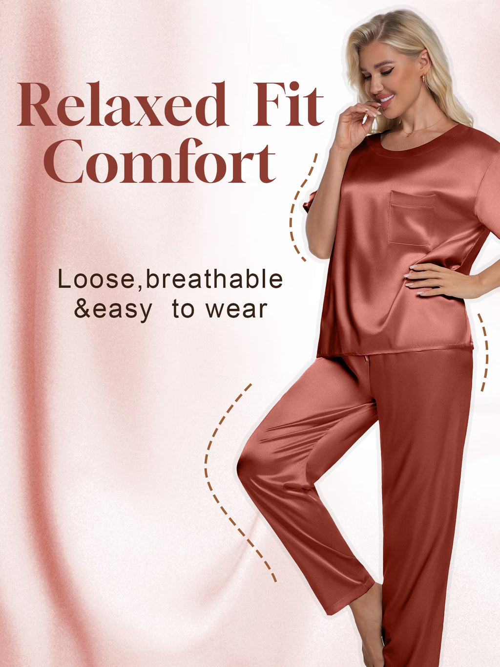 Women's Silk Satin Two-Piece Pajama Set: Short Sleeve Shirt and Long Pants, Soft Sleepwear Loungewear, Available in Caramel and Sizes S-XXL