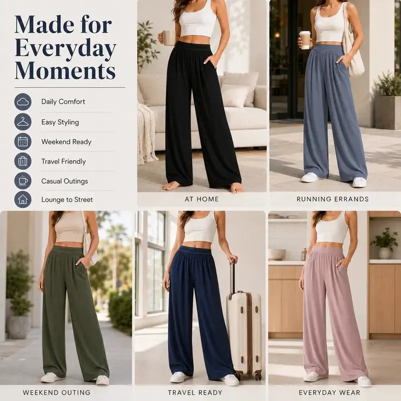 Women's High-Waisted Wide-Leg Lounge Sweatpants with Pockets - Lightweight Stretch Fabric and Elastic Waistband for Comfortable Casual Wear, Yoga, and Travel