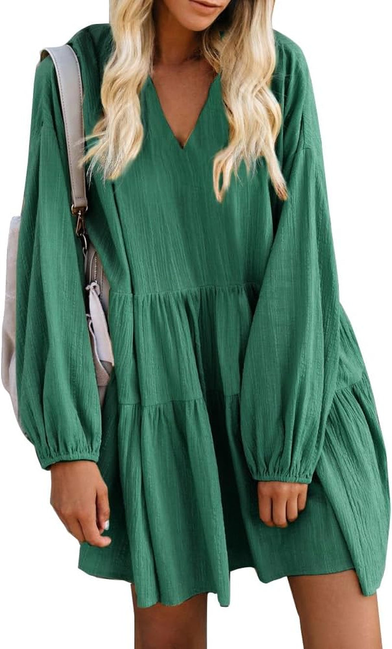 Elegant Ruffle Swing Babydoll Mini Tunic Dress for Women with Pockets and Long Sleeves