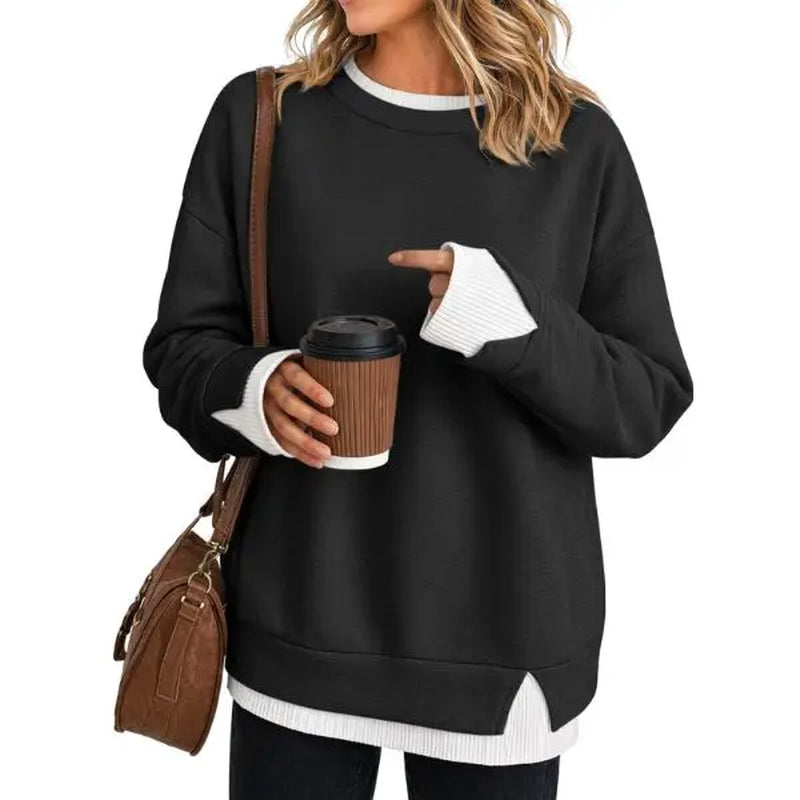 Fisoew Women's Oversized Layered Sweatshirt with Crew Neck and Ribbed Cuffs, Casual Drop Shoulder Pullover Hoodie