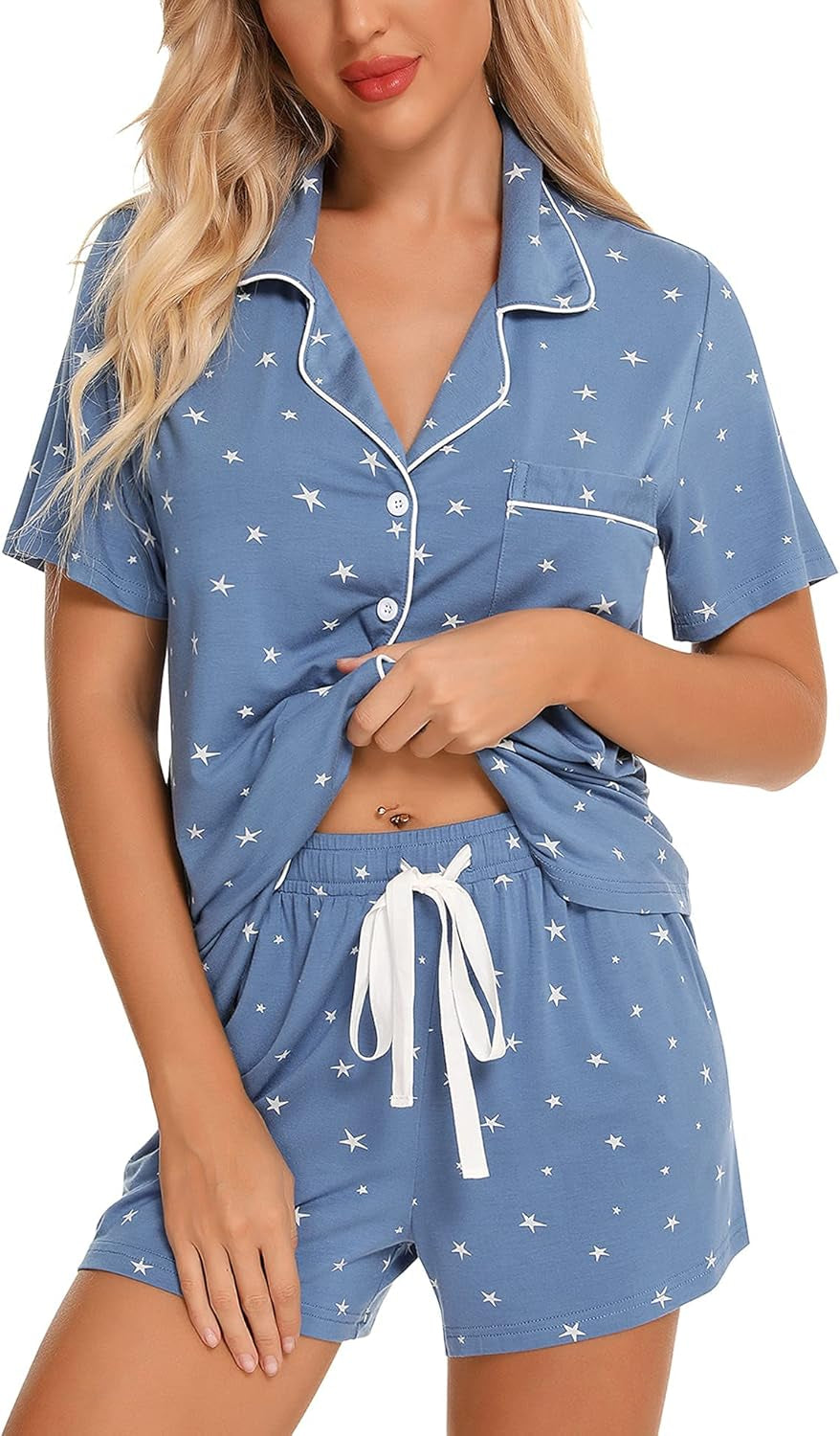 Women's Short Sleeve Pajama Set - Button Down Sleepwear with Shorts, Soft Fabric, Available in Sizes S-XXL