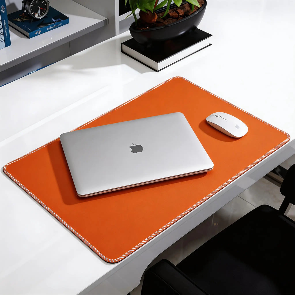 Premium Vibrant Orange Desk Mat with Stitched Edges, Non-Slip Base, Water-Resistant Surface for Office and Gaming, Easy to Clean
