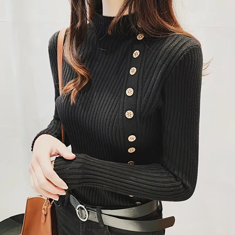Women's Elegant Turtleneck Knitted Pullover Sweaters - 2024 Fashion Long Sleeve Tops in White, Black, and Pink