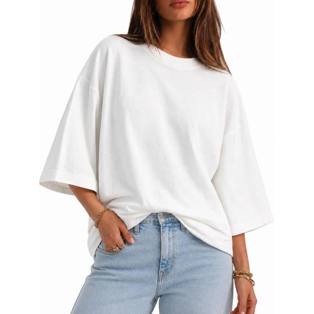 Flowyair Women's Oversized Casual T-Shirt with 3/4 Sleeves - Summer Boxy Loose Fit Crew Neck Basic Top
