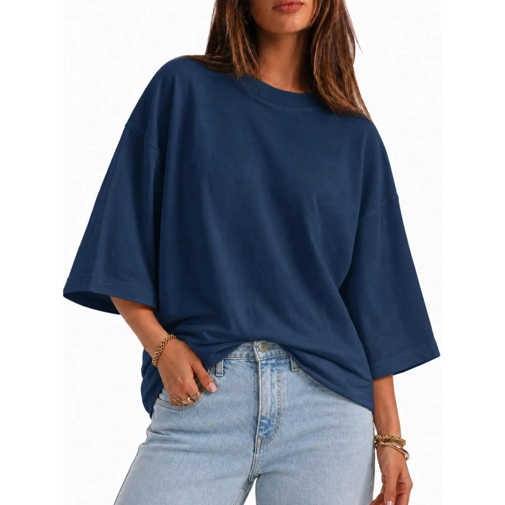 Flowyair Women's Oversized Casual T-Shirt with 3/4 Sleeves - Summer Boxy Loose Fit Crew Neck Basic Top